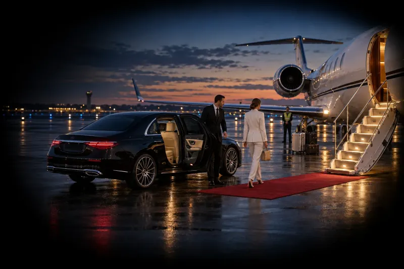 Current Mercedes S-Class transferring a passenger to a private jet