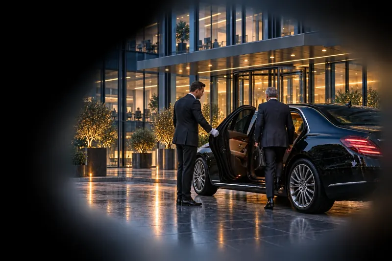 Executive chauffeur service at a contemporary corporate office headquarters