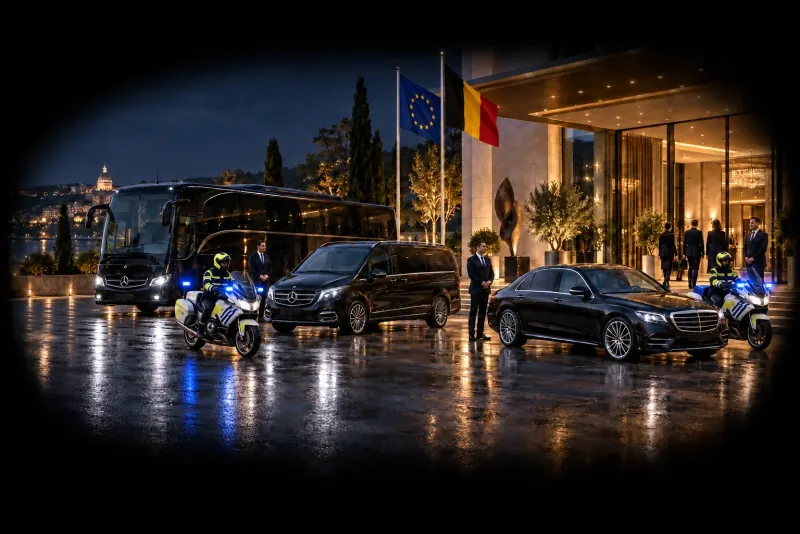 Mercedes delegation fleet with centrally positioned Belgian police motorcycle escort, Belgian flag and European flag