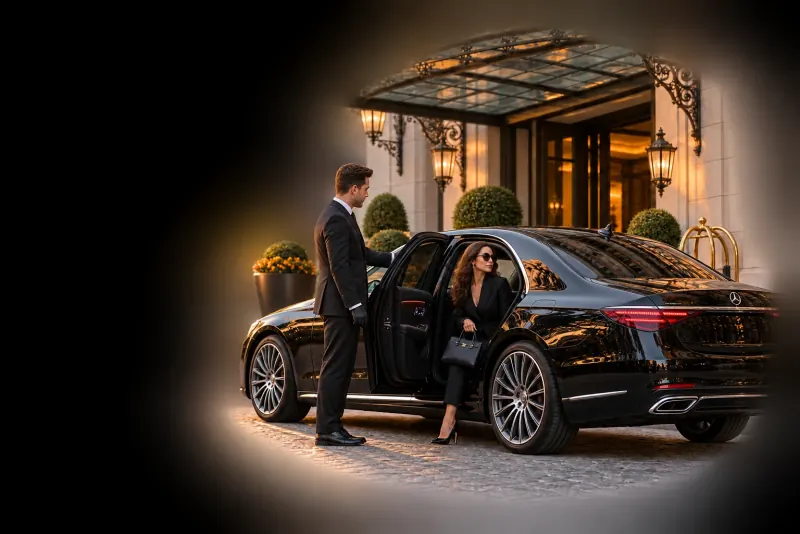 Current Mercedes S-Class with a bareheaded chauffeur available at a luxury hotel