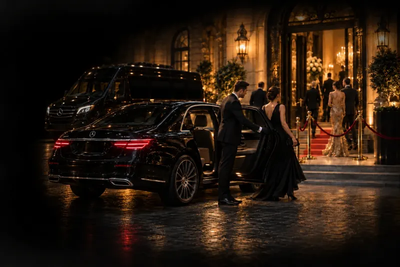 Current Mercedes S-Class and privacy-glass Sprinter Bus arriving at an elegant evening event