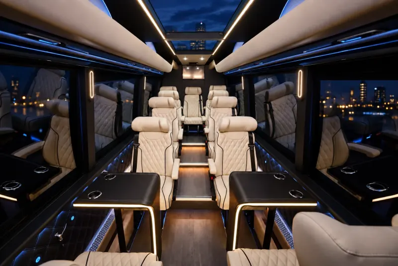 Premium interior of the Mercedes-Benz Sprinter Deluxe Bus with subtle blue ambient lighting at night