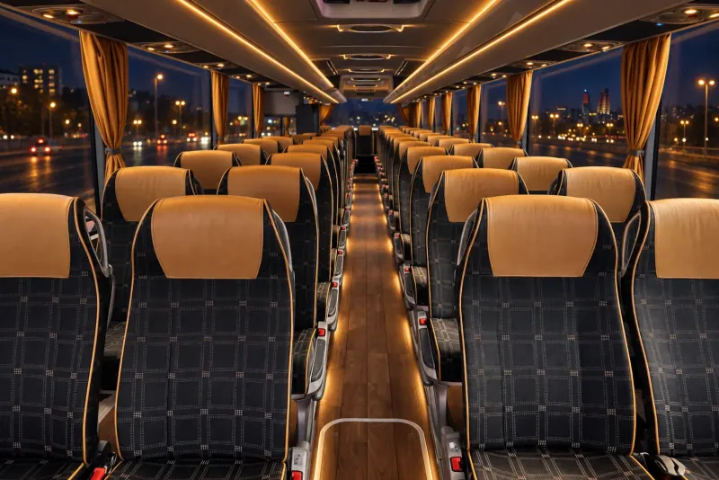 Premium ambient-lit interior of the Mercedes-Benz Tourismo Executive Coach at night